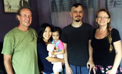Leigh Sainty and his mother Rose (right), with wife Yuka, daughter Momo and stepfather Stuart McKenzie (left) Leigh Sainty and his mother Rose (right), with wife Yuka, daughter Momo and stepfather Stuart McKenzie (left)
