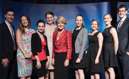 From left, Michael Lucas; UQ Global Engagement Deputy Director Dr Jessica Gallagher, Caitlin Gordon-King, Sophie Ryan, Foreign Affairs Minister Julie Bishop, Kate Goodfruit, Rachel Dodds, Elsie Schuster and Alexander Williams From left, Michael Lucas; UQ Global Engagement Deputy Director Dr Jessica Gallagher, Caitlin Gordon-King, Sophie Ryan, Foreign Affairs Minister Julie Bishop, Kate Goodfruit, Rachel Dodds, Elsie Schuster and Alexander Williams