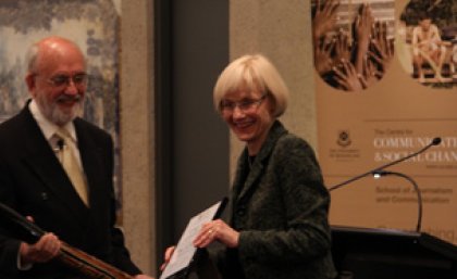 UQ Vice-Chancellor Professor Deborah Terry presents Human Rights Professor Cees Hamelink with The University of Queensland 2012 Emeritus Award for Communication for Social Change. UQ Vice-Chancellor Professor Deborah Terry presents Human Rights Professor Cees Hamelink with The University of Queensland 2012 Emeritus Award for Communication for Social Change.