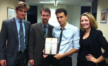 National mooting title holders: from left, Mitchell Beebe, Dr Peter Billings (coach), Abraham O'Neil and Hannah McConnachie. National mooting title holders: from left, Mitchell Beebe, Dr Peter Billings (coach), Abraham O'Neil and Hannah McConnachie.