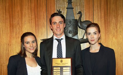 Winners of the 2014 National AAT Moot competition Erin Gourlay, Nathan Lindsay and Eloise Gluer. Winners of the 2014 National AAT Moot competition Erin Gourlay, Nathan Lindsay and Eloise Gluer.