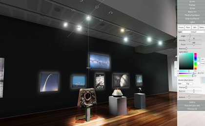 An example of a gallery space created with Ortelia Curator. Image: Ortelia A digital screenshot of a gallery space designed by the Ortelia program
