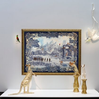 Exotic lies and sacred ties (the heart that conceals, the tongue that never reveals) 2008installation: pastel, pencil, glitter, Swarovski crystal and wash on paper, framed, with mosaic china, taxidermy and painted wood 325 x 325 x 130 cm variableCollection of The University of Queensland, purchased 2009 Exotic lies and sacred ties (the heart that conceals, the tongue that never reveals) 2008installation: pastel, pencil, glitter, Swarovski crystal and wash on paper, framed, with mosaic china, taxidermy and painted wood 325 x 325 x 130 cm variableCollection of The University of Queensland, purchased 2009