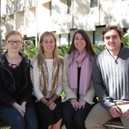 Students from a UQ working group researching human trafficking and migrant smuggling (from left) Jess Swanson, Bethany Holt, Sian Littledale and Jake Williams. Students from a UQ working group researching human trafficking and migrant smuggling (from left) Jess Swanson, Bethany Holt, Sian Littledale and Jake Williams.