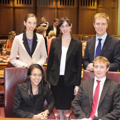 The UQ Jessup Moot Team, from left to right, back row: Courtney Coyne; Annabel Baker; Jules Moxon. Front row: Whitny Kapa; Thomas Galloway. The UQ Jessup Moot Team, from left to right, back row: Courtney Coyne; Annabel Baker; Jules Moxon. Front row: Whitny Kapa; Thomas Galloway.