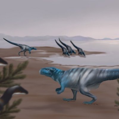 Reconstruction of Mount Morgan dinosaur track-makers on their ancient landscape. Credit Dr Anthony Romilio.