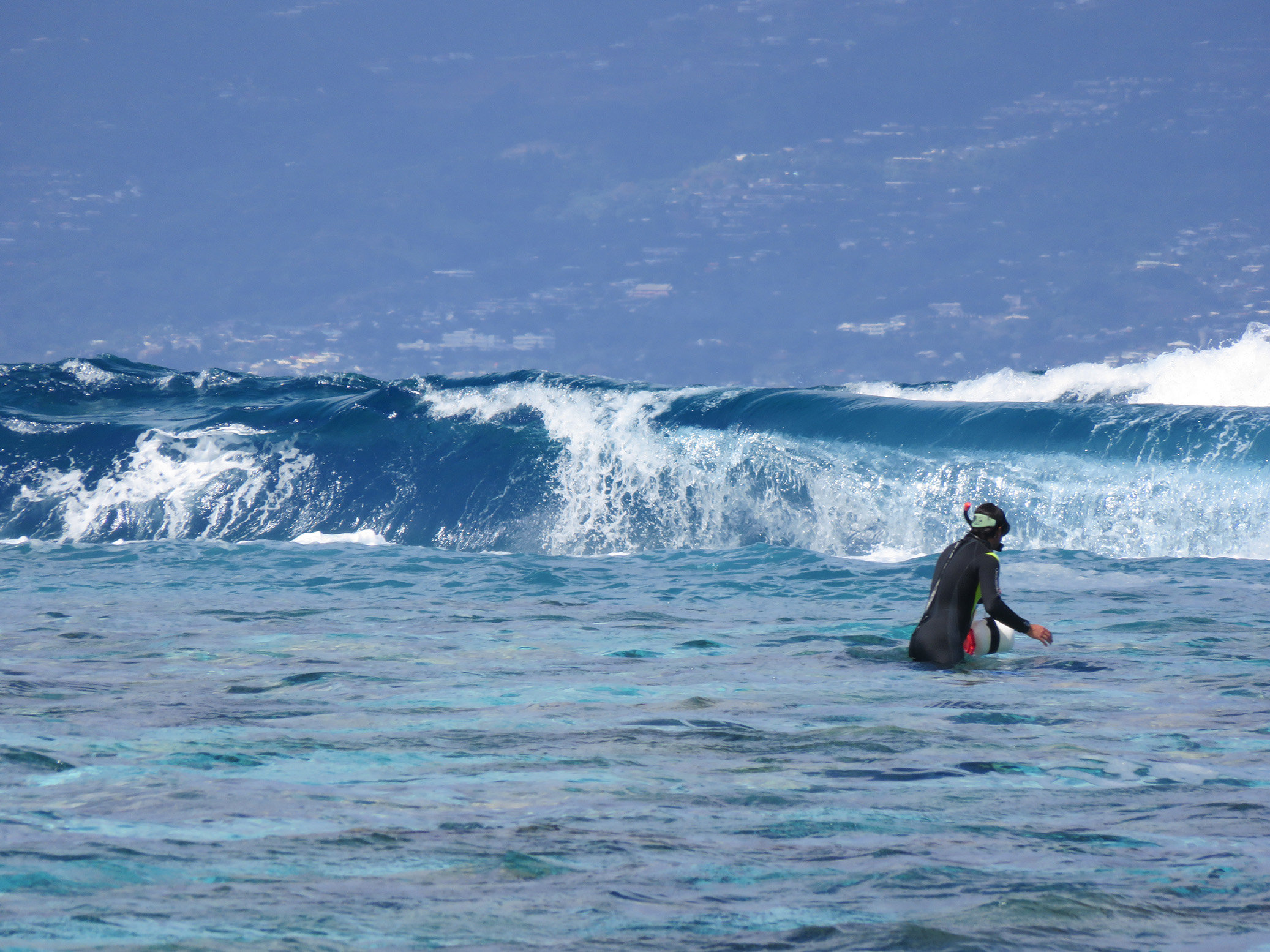 Placing wave sensors on the reef crest, Haapiti, Moorea. Photo by E. Casella