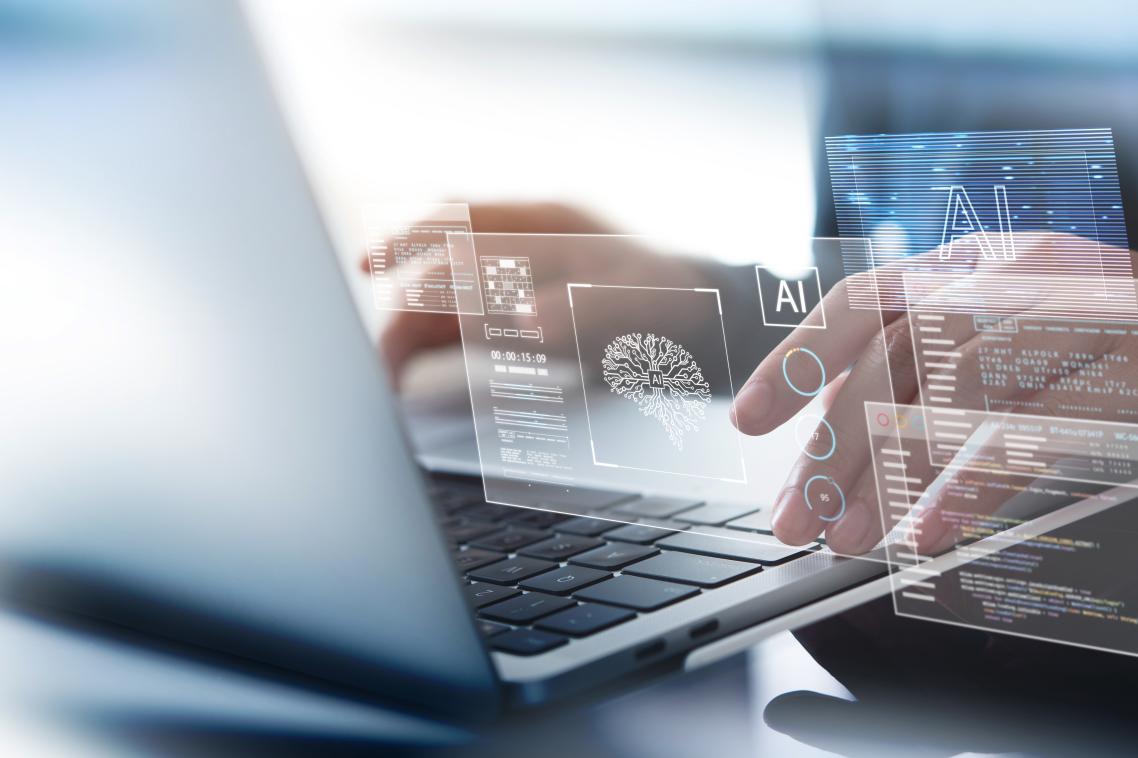 Hands typing on a keyboard with AI imagery.