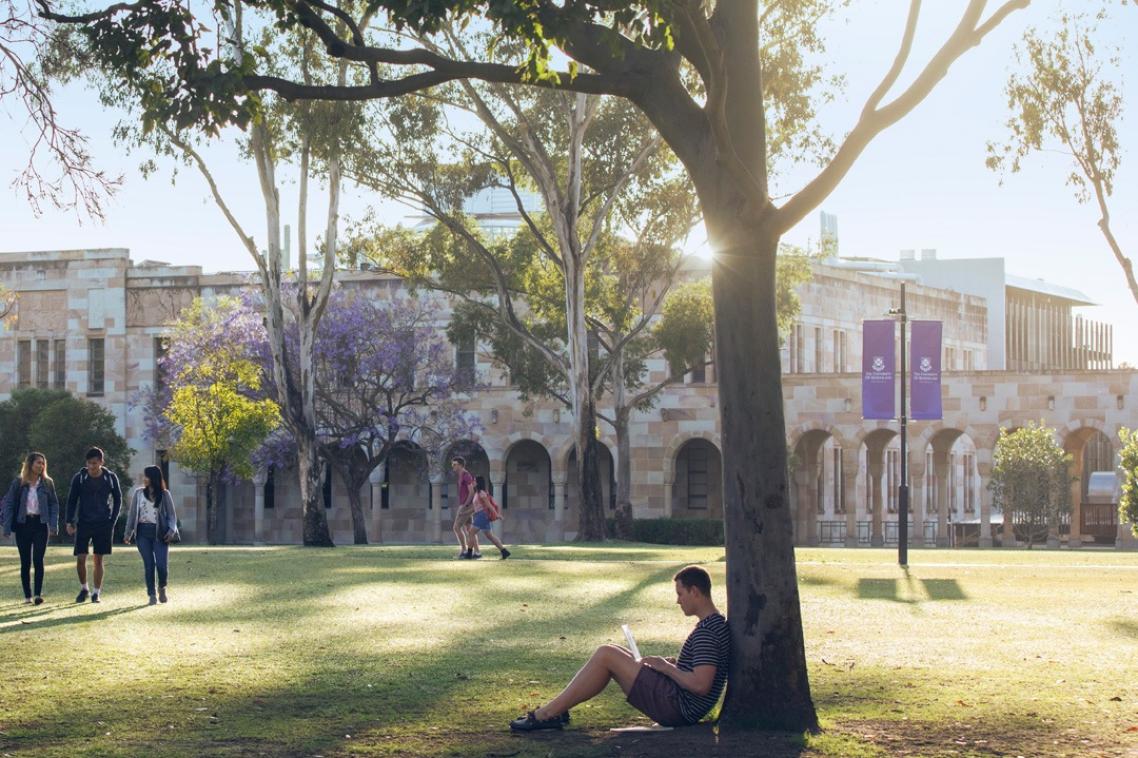 A student sits in the great court reading a book in dappled sunlight